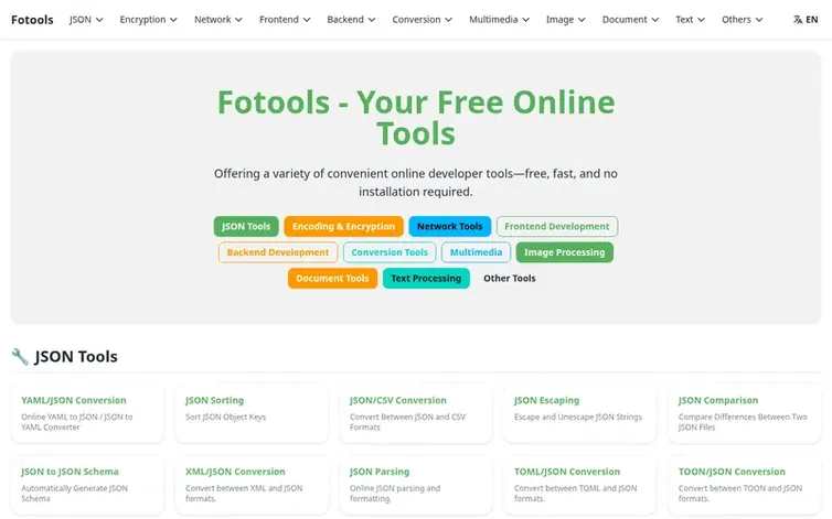 Screenshot of the Fotools homepage