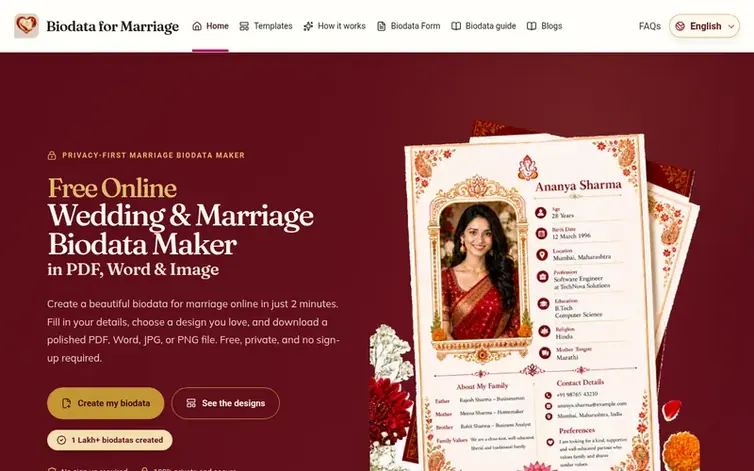 Screenshot of the Biodata for Marriage homepage