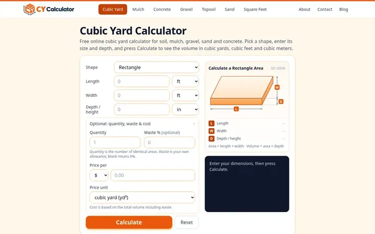 Screenshot of the CY Calculator homepage