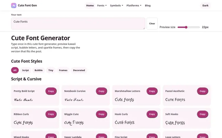 Screenshot of the Cute Font Generator homepage
