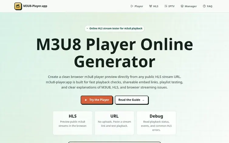 Screenshot of the M3U8 Player homepage