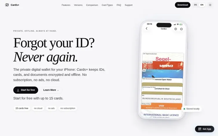 Screenshot of the Cards+ homepage