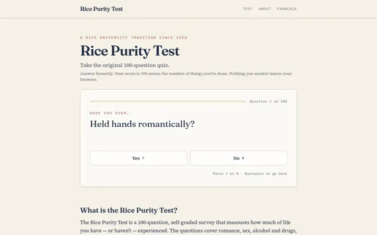 Screenshot of the Rice Purity Test homepage