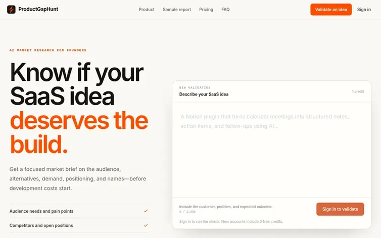 Screenshot of the ProductGapHunt homepage