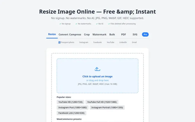 Screenshot of the ResizeConvert homepage