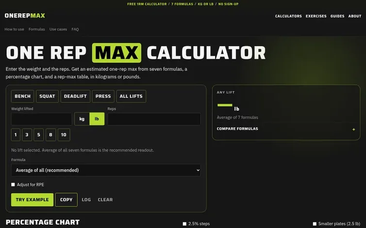 Screenshot of the OneRepMax homepage