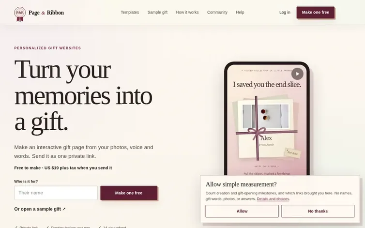 Screenshot of the Page & Ribbon homepage