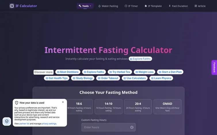 Screenshot of the Intermittent Fasting Calculator homepage