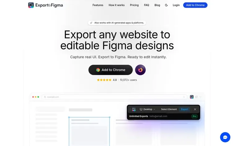 Screenshot of the Export to Figma homepage